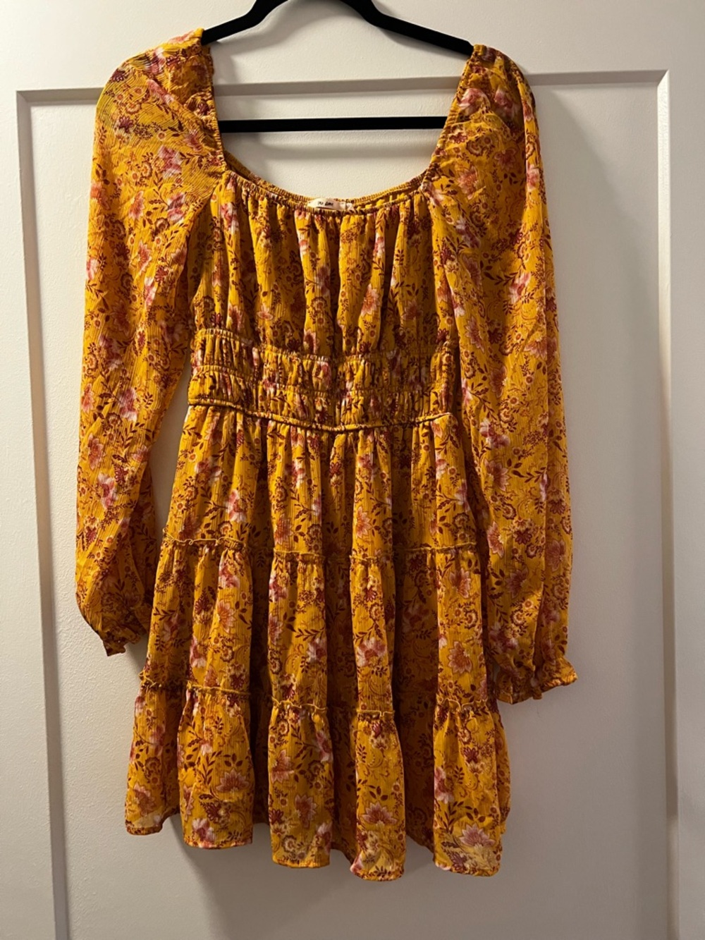 Mustard Floral Long Sleeve Tiered Mini Dress
